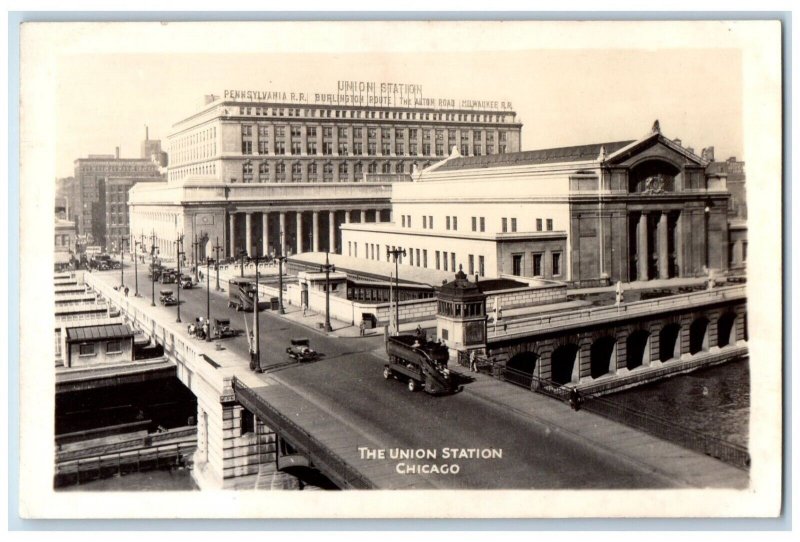 c1940's The Union Station Cars Pennsylvania RR Chicago IL RPPC Photo Postcard 