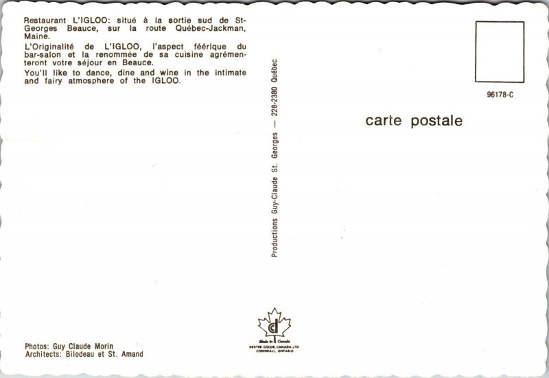 Restaurant L'igloo Dance Dine Wine Canada Postcard