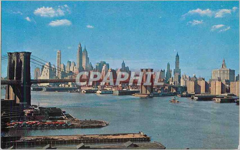 Modern Postcard Lower Manhattan skyline showing brooklyn bridge new york city