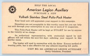 Dysart Iowa IA Postal Card American Legion Auxiliary Polio Pack Heater c1940's