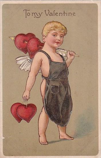 Valentine's Day Cupid In Overhalls Carrying Hearts