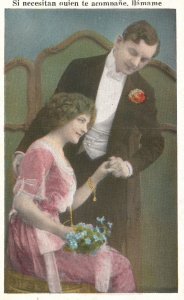 Vintage Postcard Lovers Couple Holding Hands Flower Boquet Sweet Romance