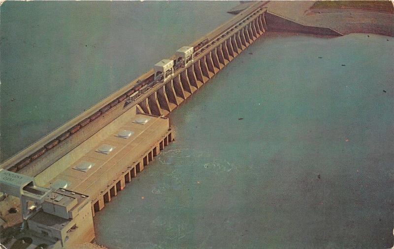 Gilbertsville Kentucky Dam on KY Lake Bird's Eye View~Train Crossing~1950s Pc