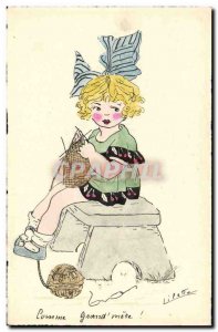 Old Postcard Fancy (drawing hand) Child knitting