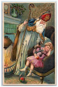 c1910's Christmas Santa Claus Blue Robe Glitter Embossed St. Paul MN Postcard