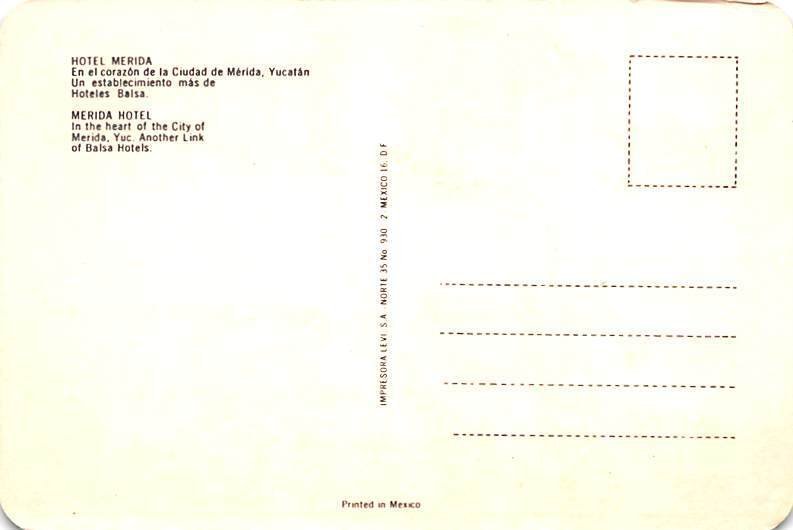 Hotel Merida Mexico Tarjeta Postal Unused 