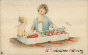 Valentine - Woman Receives Box of Roses c1915 Postcard