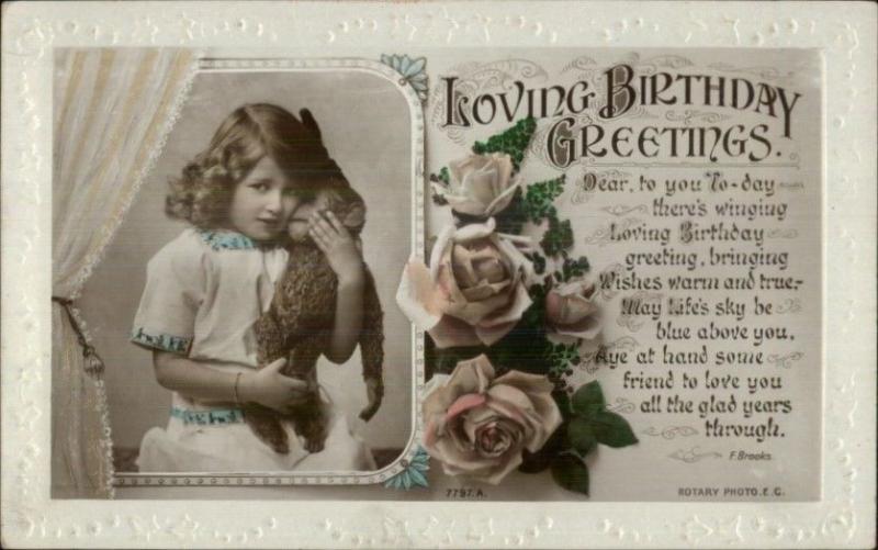 Little Girl & Her Stuffed Monkey Toy c1920s Tinted Real Photo Postcard