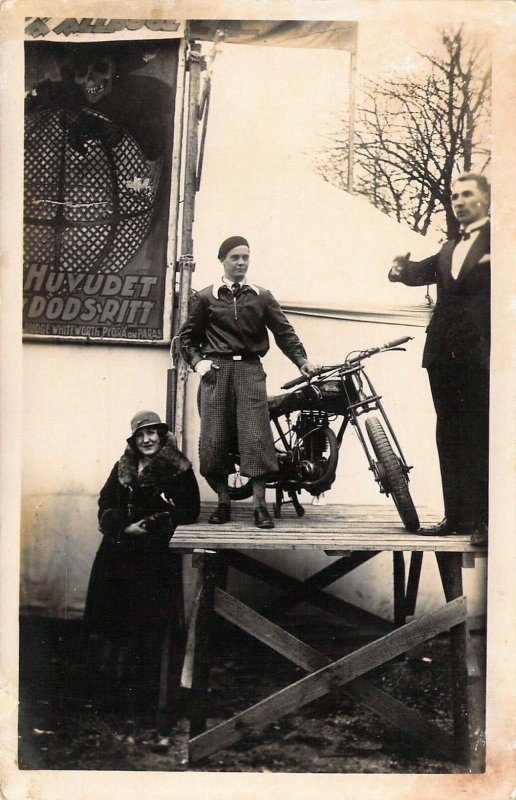 RPPC, Real Photo, Rudge Whitworth Motorcycle, Stunt Rider, Circus, Old Postcard