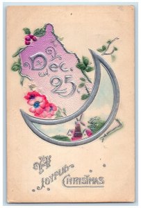 1920 Christmas Dec. 25 Silver Crescent Holly Flowers Windmill Antique Postcard