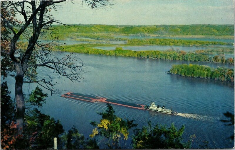 Mississippi Tow Boat River Wisconsin Bluffs Postcard Sun VTG UNP Vintage Unused 