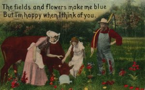 Vintage Postcard 1914 The Fields And Flowers Make Me Blue But I'm Happy Of You