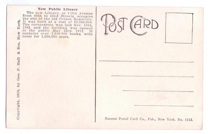 Public Library New York NY Vintage 1910 Postcard