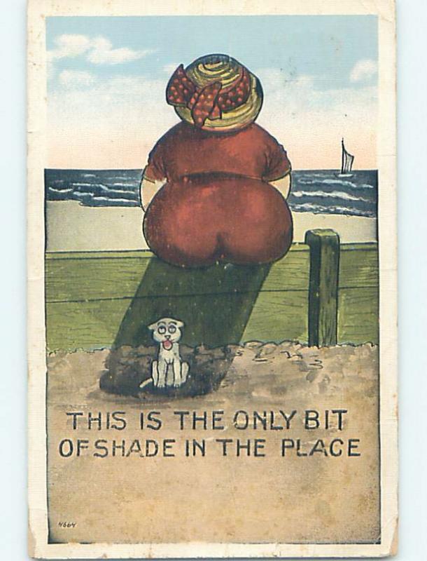 Pre-Linen comic DOG SITS IN SHADE FROM FAT WOMAN'S BUTT ho3989