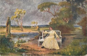 Painting fine art vintage postcard LADY IN NATURE STATUE