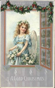 Christmas Young Girl Angel in Window c1910 Vintage Postcard