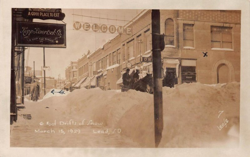 RPPC MAIN STREET LEAD SOUTH DAKOTA SNOWSTORM MASONIC REAL PHOTO POSTCARD (1929)