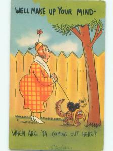 Linen Comic CHUBBY FAT WOMAN WALKING HER DOG AC0159