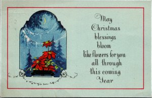 Vtg 1910s Christmas Blessings Crescent Moon Moonlit Poinsettia Greeting Postcard