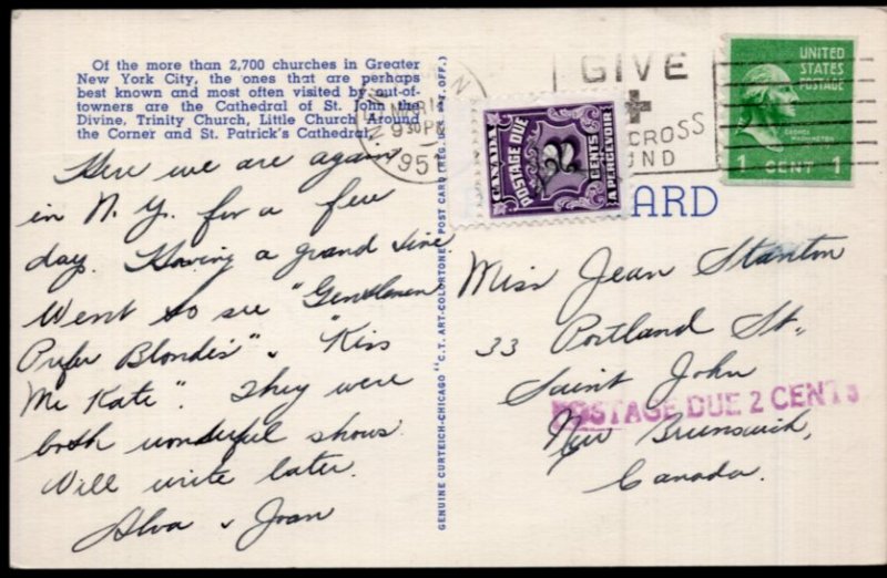 New York Famous Churches of NEW YORK CITY - pm1951 postage due 2c - LINEN