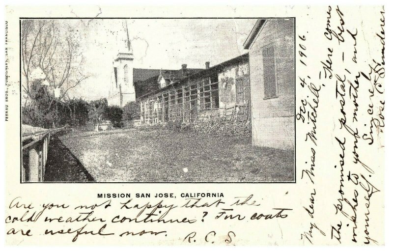Mission San Jose Postcard Pernau Brothers Postcard 1906 