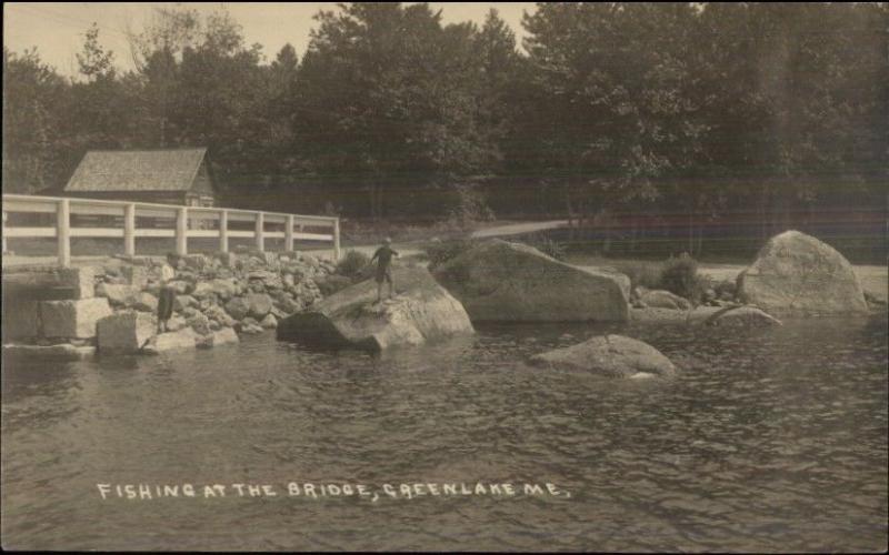 Green Lake ME Fishing at the Bridge c1920 Real Photo Postcard