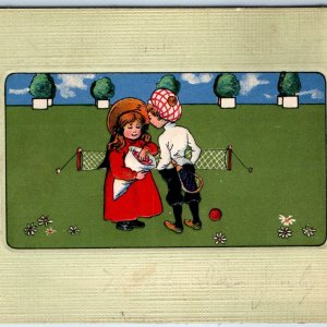 1908 Cute Boy & Girl Play Tennis Postcard Embossed Bag of Balls? Rare Unique A76