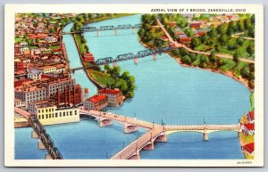 Zanesville Ohio~Air View of Y Bridge~Vintage Linen Postcard
