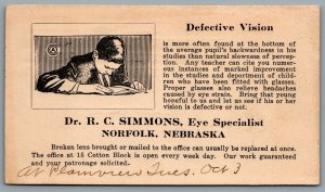 Postcard Norfolk NE 1910  Dr R.C. Simmons Eye Specialist Defection Vision Advert