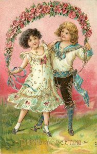 Embossed Birthday Postcard Series 779 Beautiful Children w/ Garland of Roses