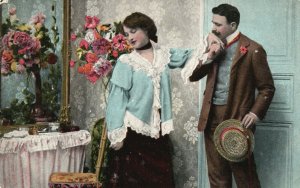 Young Woman Greets Man with a Kiss on the Hand Love Vintage Postcard c1910