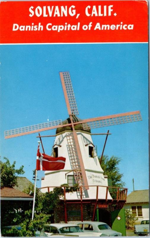 SOLVANG,  CA  California  WINDMILL DANISH Capitol c1950s Cars Roadside  Postcard