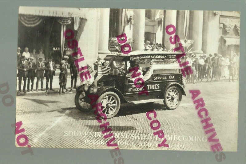 Decorah IOWA RPPC 1922 HOOD TIRES DELIVERY TRUCK Service Car Garage ADVERTISING