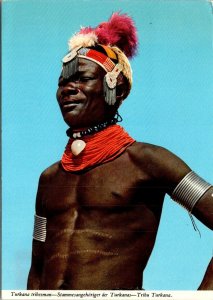 VINTAGE CONTINENTAL SIZE POSTCARD TURKANA TRIBESMAN OF NW KENYA MAILED 1979