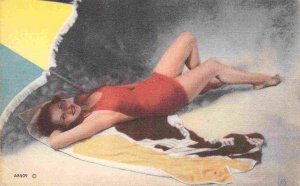Swimsuit Bathing Beauty Woman AB509 linen postcard
