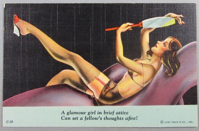 Curt Teich Modern Girl Pinup Linen Postcard C-58 Glamour Girl, Lingerie (#F128)