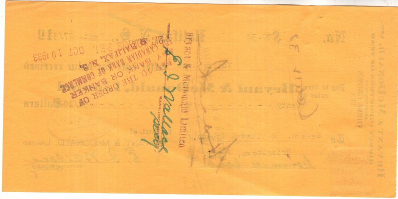 1933 Bryant McDonald, Teas, Cheque w Postage Stamp, Halifax, Check