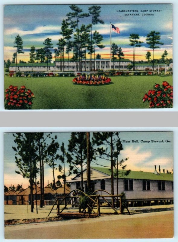 2 Military Postcards CAMP STEWART, Savannah, GA ~ Headquarters & MESS HALL 1940s