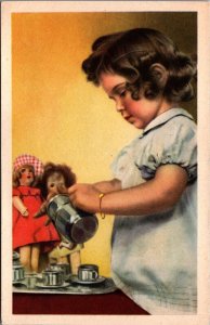 Girl Tea Party With Her Dolls Vintage Postcard C046