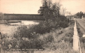 Vintage Postcard 1910's Old Covered Bridge Over Piscataquis River Maine ME ARPCC