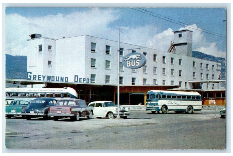 c1950's Greyhound Bus Depot Prince Charles Hotel Penticton BC Canada Postcard