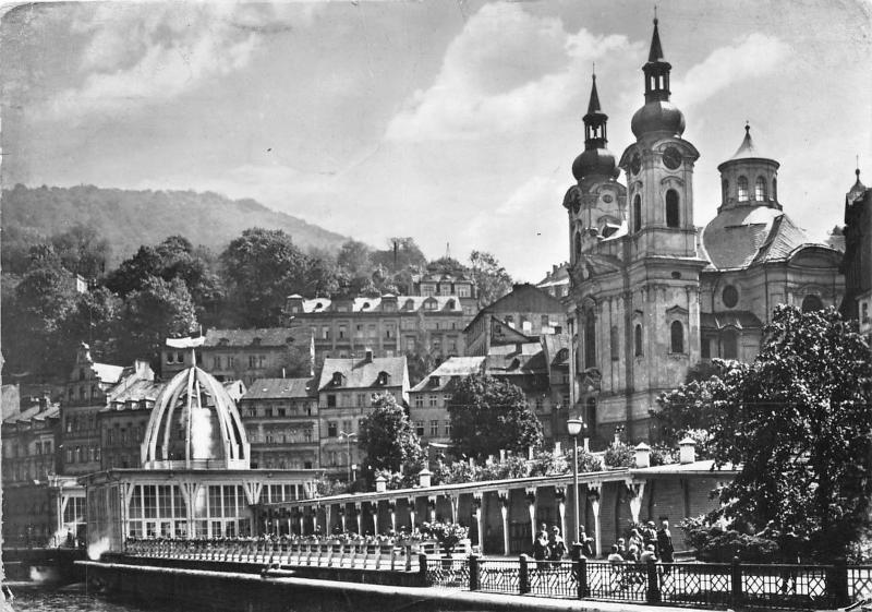 B27689 Karlovy Vary The Sprudel with St Mary Magdalena Church   czech republic