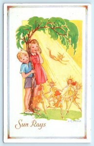 Signed Artist L.R. STEELE Fantasy Fairies SUN RAYS & Children ~ Salmon Postcard