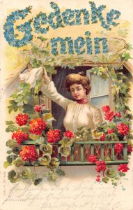 Gedenke Mein Forget-me-not Flowers Woman Wave 1904 embossed postcard C358