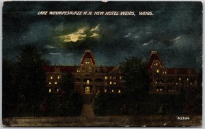 1910's Lake Winnipesaukee New Hampshire NH Hotel Weirs Night Posted Postcard