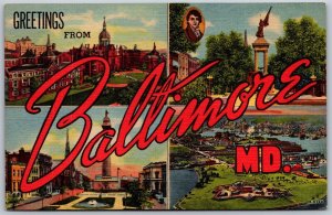 Vtg Greetings from Baltimore Maryland MD Large Letter Script 1940s Postcard