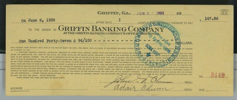 1928 Loan Document Griffin Banking Company Griffin GA  John S Chunn   A28
