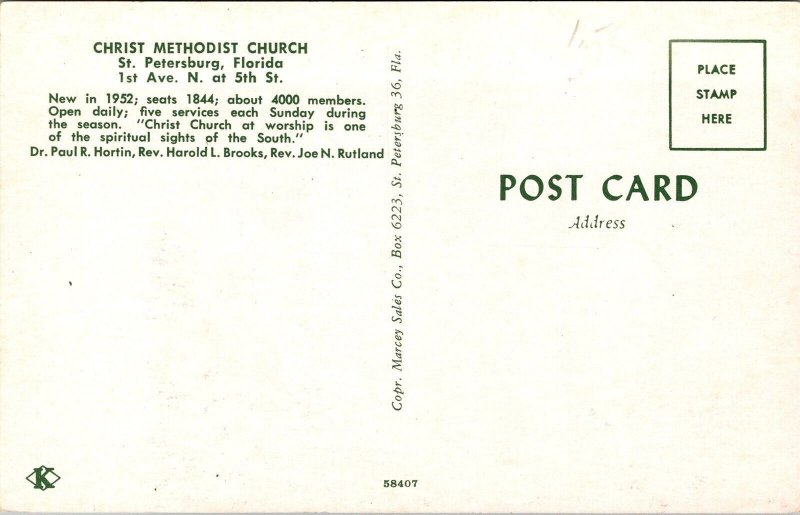 Vtg St Petersburg Florida FL Christ Methodist Church 1950s View Postcard