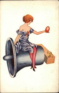 Easter - Beautiful Woman w/ Egg Sits on Bell c1910 Postcard