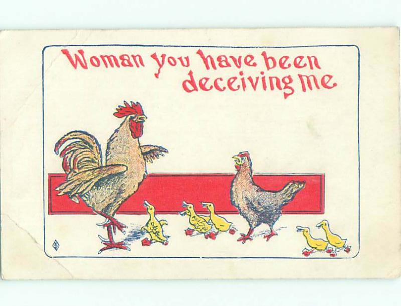 Unused Pre-1907 ROOSTER ACCUSES HEN OF CHEATING DUE TO BABY DUCKS o3025